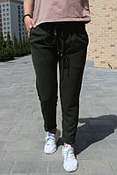 Брюки женские лён жатка стрейчевые на лето цвета темный хаки / укороченные молодежные брюки капри