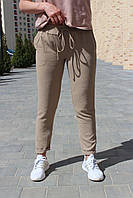 Брюки женские лён жатка стрейчевые на лето светлый беж / укороченные молодежные брюки-капри 2XL
