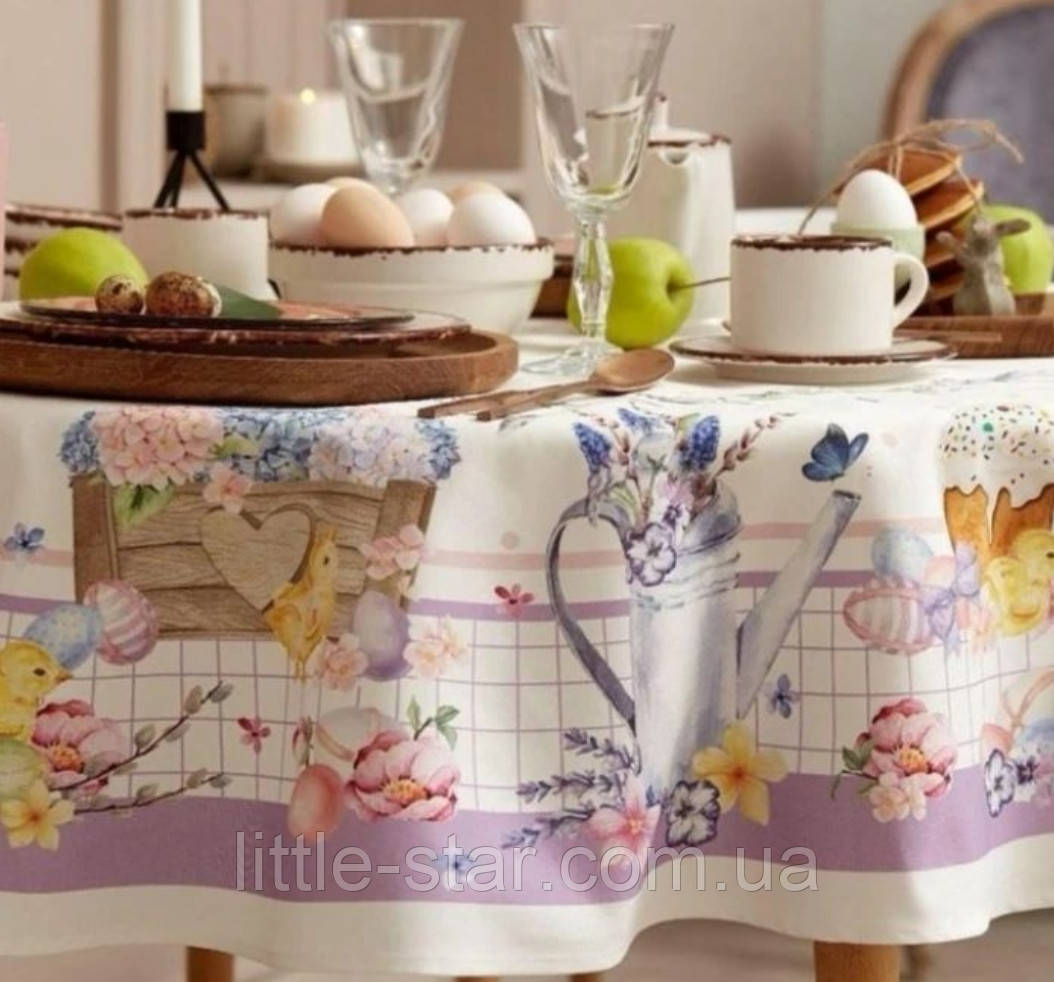 Скатертина великодня кругла 150 см Весняний колорит, водовідштовхувальна, Тиротекс, 100% бавовна, бузковий