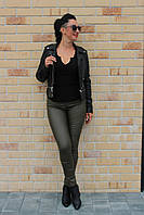 Лосины женские из эко-кожи стильные с карманами сзади и высокой посадкой зауженные №975 хаки XL