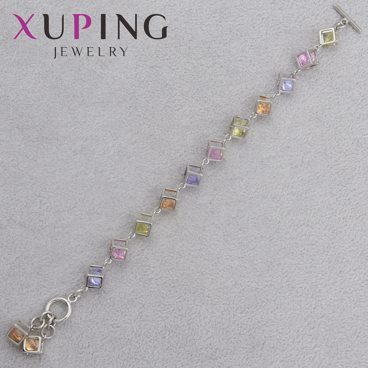 Браслет Xuping Jewerly серебристого цвета застёжка тогл с разноцветными камушками длина 18 см ширина 9 мм