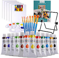 Набор художественных красок для рисования с 5 холстами, 8 кистями, 12 акриловыми красками