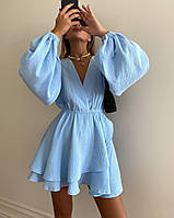 Женское короткое муслиновое платье (голубое, бежевое, лавандовое) юбка с рюшами