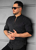 Стильная мужская черная рубашка в полоску, с воротником стойкой и длинным рукавом, из Турции