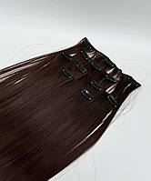 Треси накладні термостійкі штучне волосся на кліпсах пряме термоволосся темно коричневі 4В#