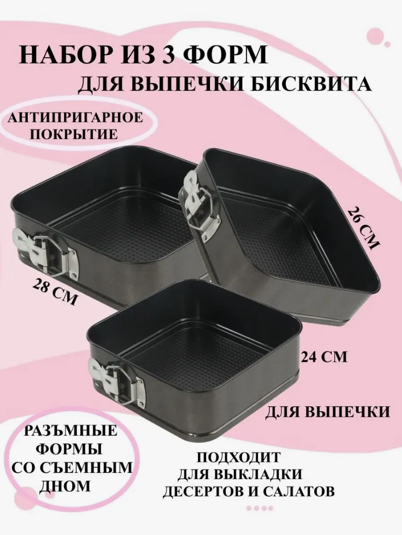 Набір форм для випічки Unique UN-1704 металеві квадратні 3 предмети Black, фото 1