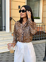 Леопардовая легкая свободная шифоновая женская блузка рубашка; белый, коричневый 46-48, Коричневый