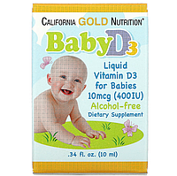 California Gold Nutrition, вітамін D3 у рідкій формі для дітей, 10 мкг (400 МО), 10 мл (0,34 рідк. унції)