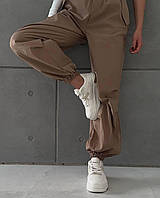 Женские широкие штаны карго на резинке с карманами (черные, серый, бежевый) Бежевый