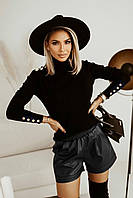 Женские стильные черные кожаные шорты с карманами; размер: 42-44, 46-48