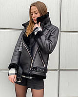 Женское стильная дубленка косуха авиатор черного цвета в размерах: s, m, l 44