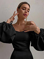 Женская однотонная стильная блуза с длинным обьемным рукавом на резиночках (черный, белый)