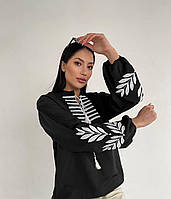 Женская стильная блуза на завязке с вышивкой с длинным обьемным рукавом (черный, белый, малина) Черный, 42