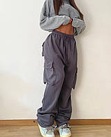 Женские однотонные брюки на резинке с накладными карманами (молоко, графит); размер: 42-46, 48-52