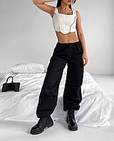 Женские брюки/штаны карго (черные, бежевые, хаки, графит, мокко) из плащевки, оверсайз, на резинке Черный