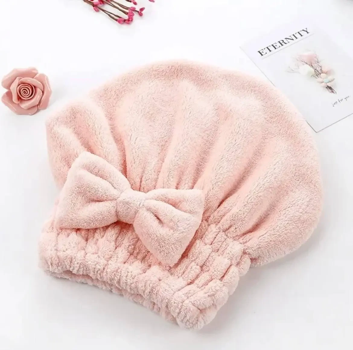 Тюрбан-шапочка з бантиком для сушки волосся. Пудровий, фото 1