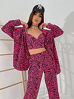 Повседневный стильный женский костюм тройка зебровый принт (штаны + топ + рубашка) малинового цвета