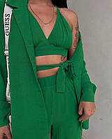 Женский стильный однотонный костюм тройка жакет топ и штаны (черный, малина, трава); 42-44, 46-48 Зеленый,