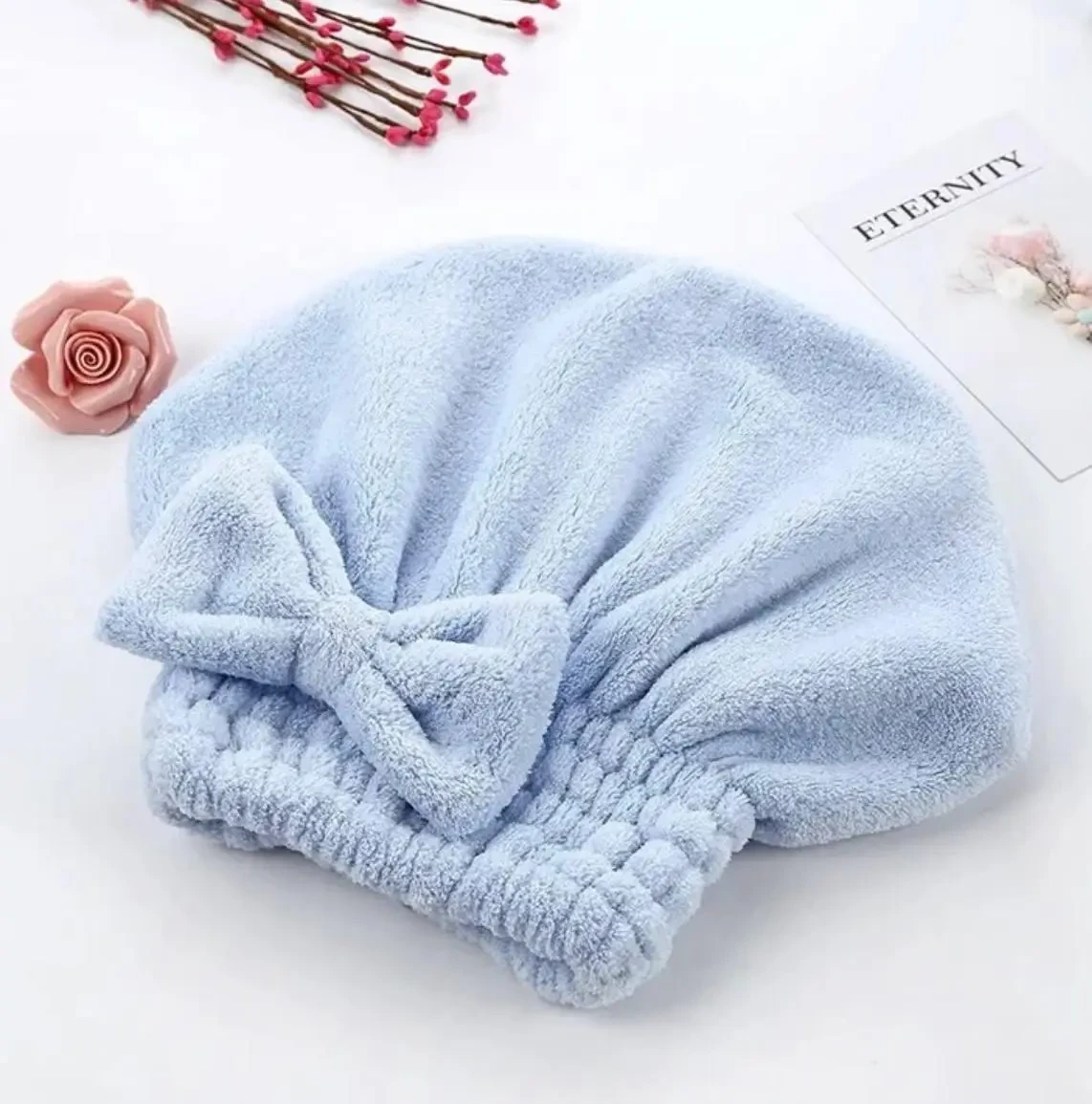 Тюрбан-шапочка з бантиком для сушки волосся. Блакитний, фото 1