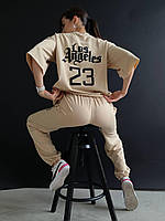 Женский молодежный оверсайз костюм Лос-Анжелес футболка и джогеры (бежевый, графит); размер: 42-46