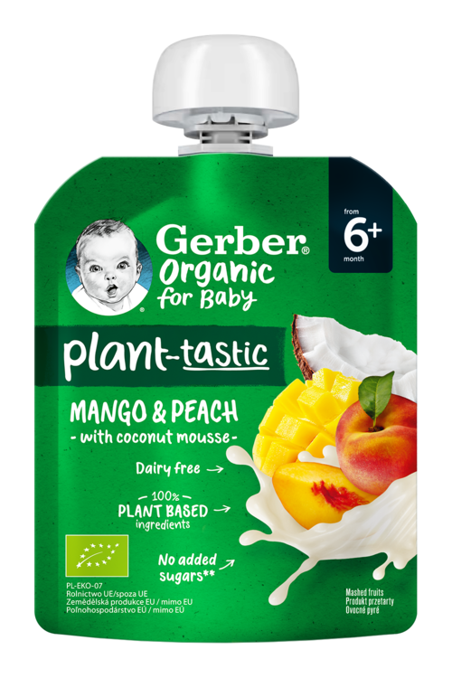 Пюре Gerber® Organic з манго, персиком та кокосовим мусом для дітей із 6 місяців, 80 г