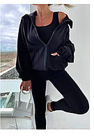 Базовый женский костюм тройка топ лосины и кофта с плащевки (черн, малина, лаванда) в размерах: 42/44, 46/48