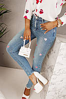 Женские молодежные синие джинсы с рисунком сердечки, на высокой посадке; скини, размер: s, m, l, xl M