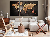 Модульная картина в спальню, интерьерные картины, модульная фотокартина Карта мира в коричневых тонах 100x180
