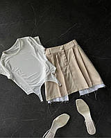 Женская летняя легкая однотонная юбка с вставками из коттона на высокой посадке Бежевый, 42/44
