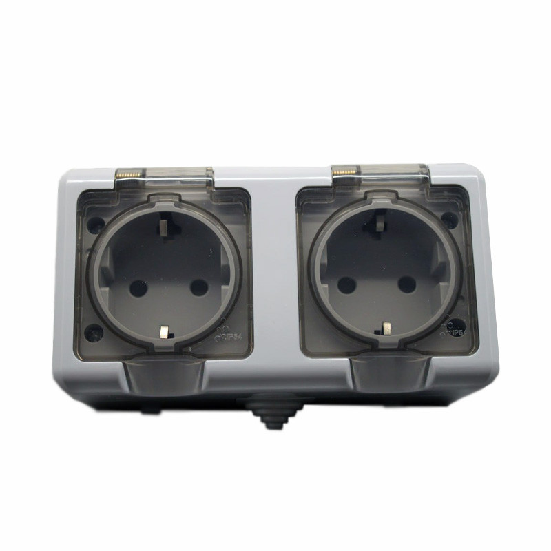 Розетка подвійна із заземленням та кришкою IP54 Сірий, фото 1