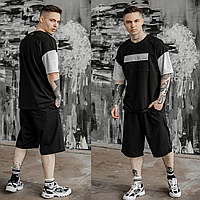 Шорты и футболка мужские с карманами удлиненный комплект трикотажный оверсайз FreeDom черный с серым