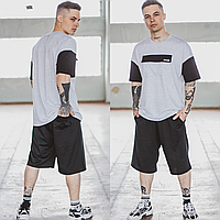 Шорты и футболка мужские с карманами удлиненный комплект трикотажный оверсайз FreeDom серый с черным