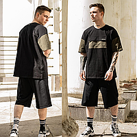 Шорты и футболка мужские с карманами удлиненный комплект трикотажный оверсайз FreeDom черный с хаки