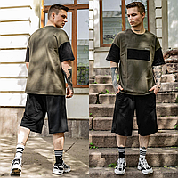 Шорты и футболка мужские с карманами удлиненный комплект трикотажный оверсайз FreeDom хаки с черным