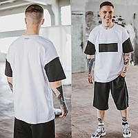 Шорты и футболка мужские с карманами удлиненный комплект трикотажный оверсайз FreeDom белый с черным