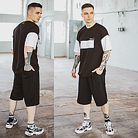 Шорты и футболка мужские с карманами удлиненный комплект трикотажный оверсайз FreeDom черный с белым