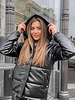 Жіноча однотонна шкіряна куртка на блискавці з капюшоном (чорний, бежевий, кава); розмір: 42, 44, 46