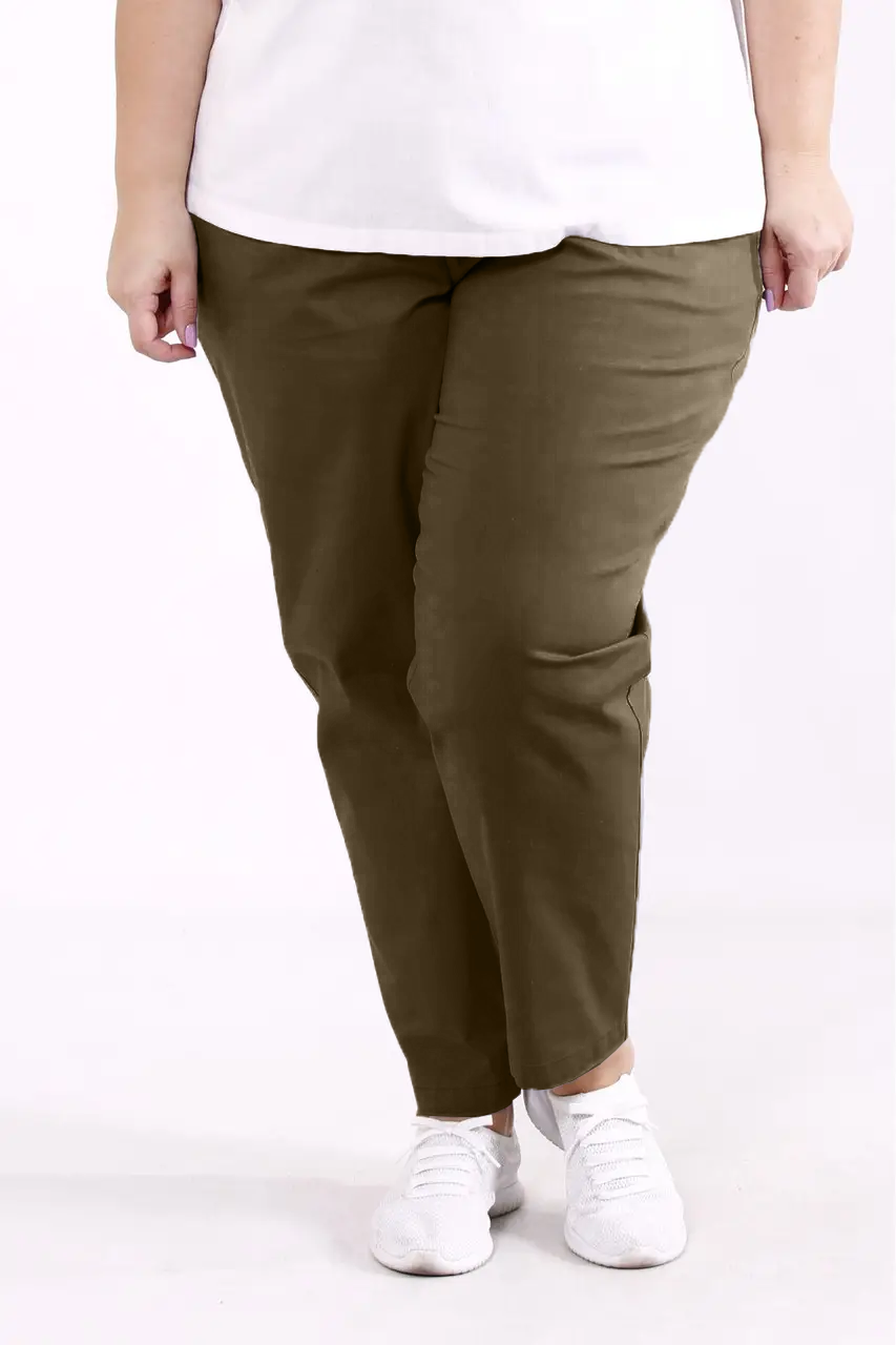 Зручні хакі штани на гумці жіночі літні лляні вільні розміри 42-74. B090-6