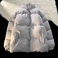 Зимняя женская объемная куртка на синтепоне 250 синяя голубая серая чёрная розовая белая Серый, 48/52