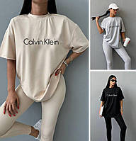 Стильный женский костюм Calvin Klein лосины и футболка легкий прогулочный трикотажный, бежевый, серый, черный