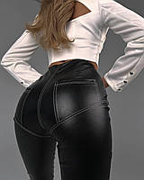 Женские кожаные штаны/брюки с имитацией белья с белыми швами на молнии сбоку в обтяжку 46/48