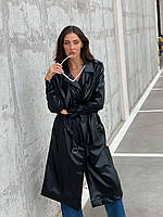 Женский леопрадовый тренч пальто кожаный с поясом эко-кожа весенний Черный