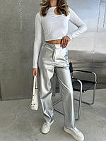 Женские кожаные серебряные штаны металик прямого кроя высокая посадка