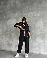 Женский молодежный оверсайз костюм Лос-Анжелес футболка и джогеры (бежевый, графит); размер: 42-46 Черный,