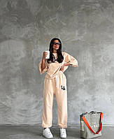 Женский молодежный оверсайз костюм Лос-Анжелес футболка и джогеры (бежевый, графит); размер: 42-46 Бежевый,