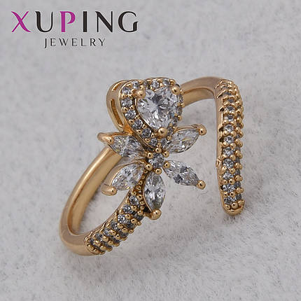 Кольцо золотистое тонкое Xuping Jewelry медицинское золото с цветочек с белым цирконом 18К ширина 2 мм, фото 1