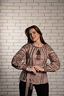 Бежевая женская рубашка с вышивкой, Стильная женская вышиванка льняная блузка бежевого цвета с поясом, L
