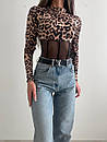 Жіночий бежевий леопардовий боді з сіткою, фото 5