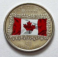 Канада 25 центов 2015, 50 лет Канадскому флагу. Цветная эмаль