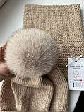Дитяча тепла зимова шапка та снуд-хомут ручної роботи з натуральним хутряним помпоном для дівчинки., фото 3